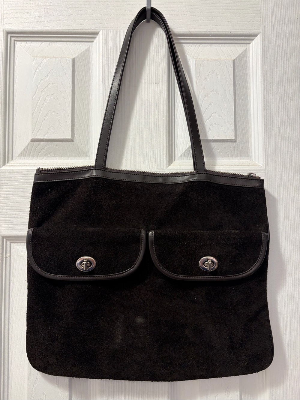 Dark Brown Suede Double-Pocket Tote Bag
